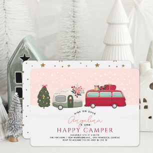 Happy Camper Christmas Holiday Pink 1st Birthday Invitation