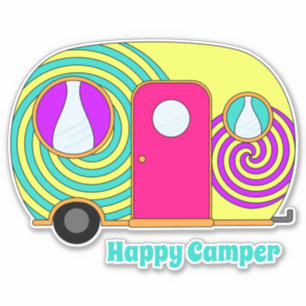 Happy camper colourful rv camper trailer swirly
