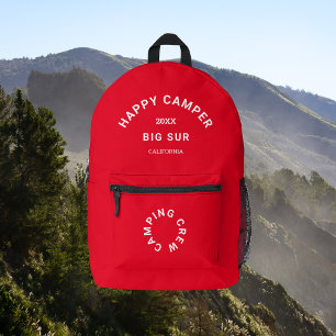 Happy Camper Crest Camping Crew Retro Red Printed Backpack