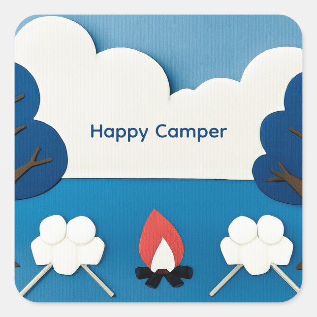 Happy Camper Custom Text with Fire and Marshmallow Square Sticker (Front)