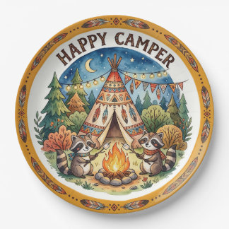 "Happy Camper" Cute Raccoons Camping Kids Plate