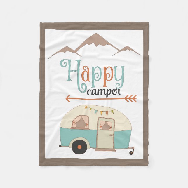 HAPPY CAMPER Cute Retro RV Fleece Blanket (Front)