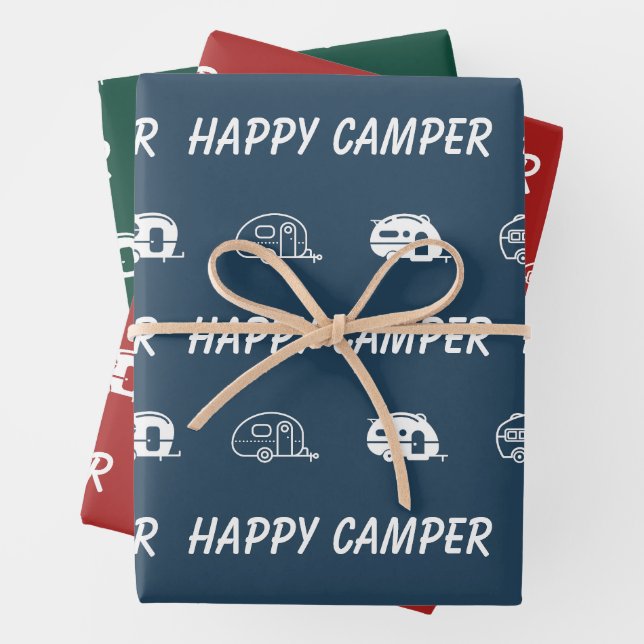 Happy Camper Cute Retro RV in Blue, Red and Green Wrapping Paper Sheet (In situ)
