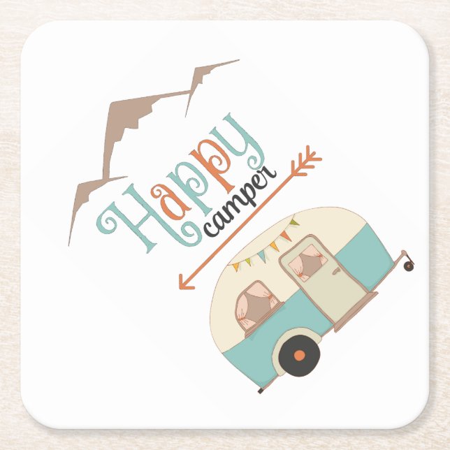 HAPPY CAMPER Cute Retro RV Square Paper Coaster (Front)