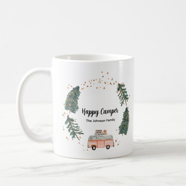 Happy Camper Cute Whimsical Family Name Script  Coffee Mug (Left)