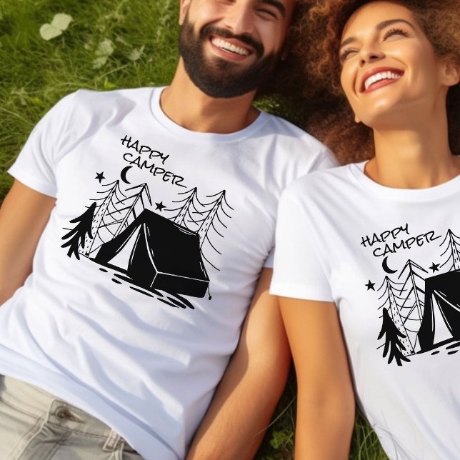 Happy Camper Doodle Art Camping Tent in the Woods T-Shirt (Camping T-shirt with Happy Camper and black camping scene with sketched tent in the woods)