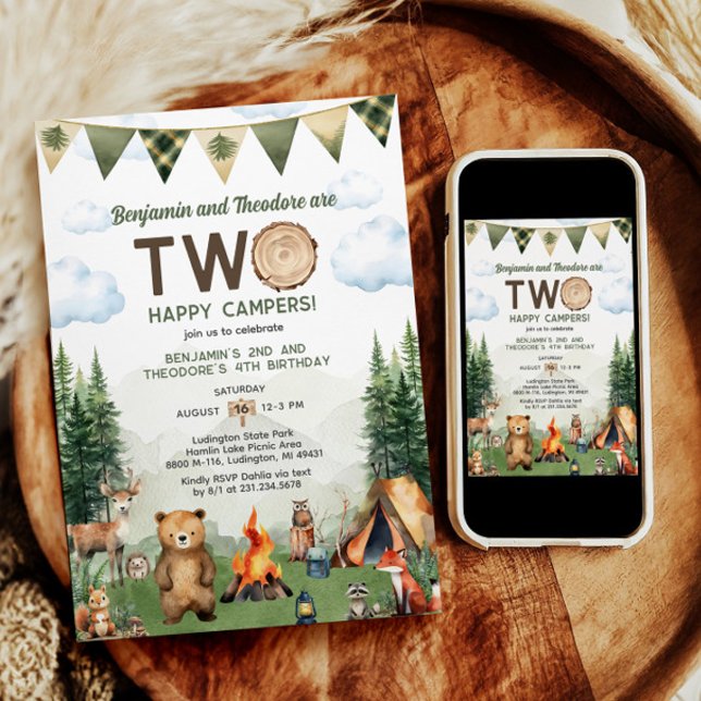 Happy Camper Dual Joint Double Birthday Invitation (Happy Camper Dual Joint Double Birthday Invitation
)
