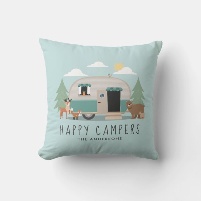 Happy Camper Family Name Throw Pillow (Front)