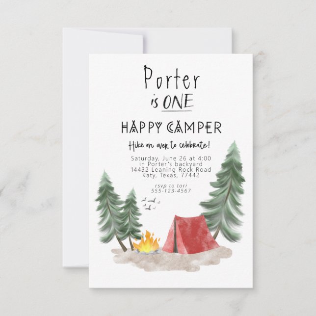 Happy camper first birthday invitation  (Front)
