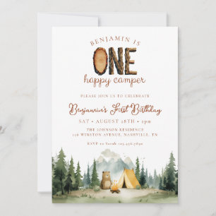 Happy Camper Forest Bear 1st Birthday Invitation