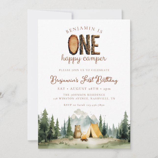 Happy Camper Forest Bear 1st Birthday Invitation (Front)