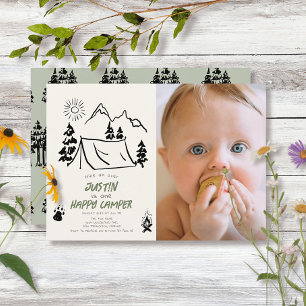 Happy Camper Hand-drawn Tent Photo 1st Birthday Invitation
