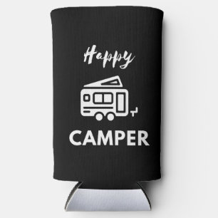 Happy Camper in White with Blue Background Seltzer Can Cooler