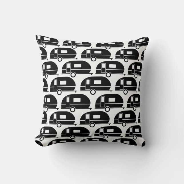 Happy Camper | Modern Camper Decor Black White Cushion (Front)