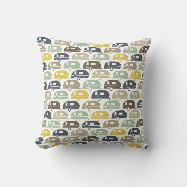 Happy Camper | Modern Camper Decor Retro Blues Cushion (Front)