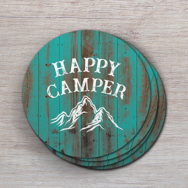 Happy Camper Mountain Adventure Teal Barn Camping Round Paper Coaster (Creator Uploaded)