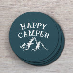 Happy Camper Mountain Adventure Teal Camping  Round Paper Coaster<br><div class="desc">Happy Camper Rustic Mountain Adventure Teal Camping Coasters.</div>