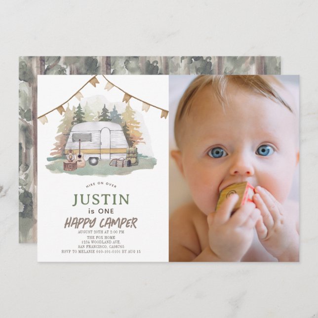 Happy Camper Mountain Boy 1st Birthday Photo Invitation (Front/Back)