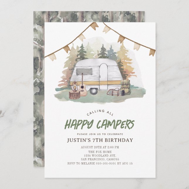 Happy Camper Mountain Forest Boy Birthday Invitation (Front/Back)