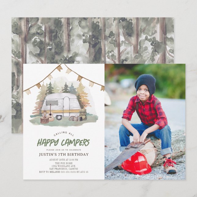 Happy Camper Mountain Forest Boy Birthday Photo Invitation (Front/Back)