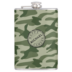 Happy Camper Olive Green Camo Name Camping Travel Hip Flask