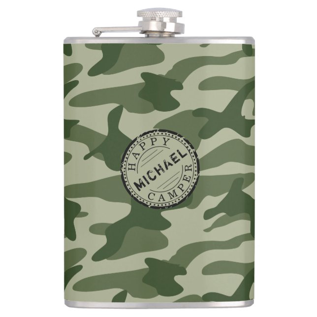 Happy Camper Olive Green Camo Name Camping Travel Hip Flask (Front)