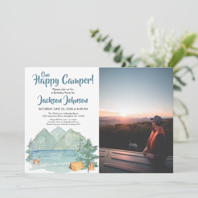 Happy Camper Photo Rustic Mountains Birthday Invitation (Standing Front)