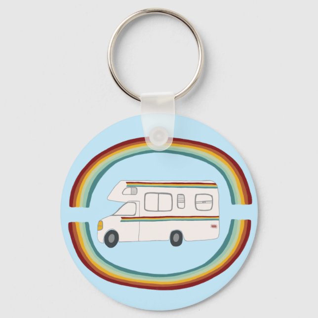 Happy Camper Rainbow RV Whimsical Motorhome RVing Key Ring (Front)