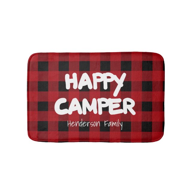 Happy Camper Red and Black Buffalo Plaid Family Bath Mat (Front)