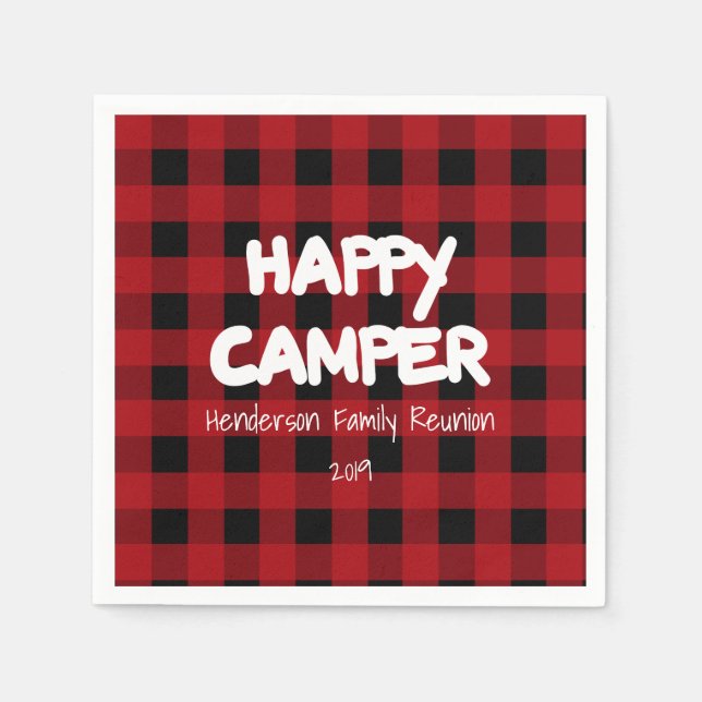 Happy Camper Red and Black Buffalo Plaid Napkin (Front)