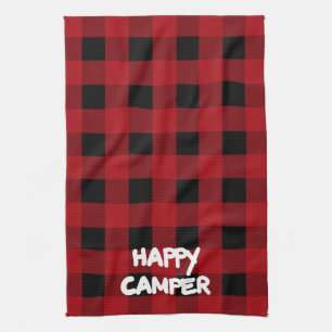 Happy Camper Red and Black Buffalo Plaid Tea Towel
