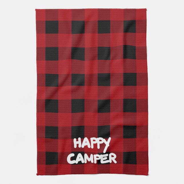 Happy Camper Red and Black Buffalo Plaid Tea Towel (Vertical)