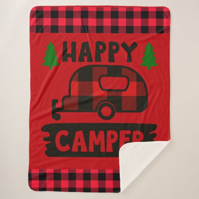 Happy Camper Red Buffalo Plaid Sherpa Blanket (Front)