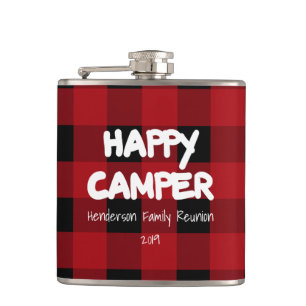 Happy Camper Red Plaid Family Reunion Hip Flask