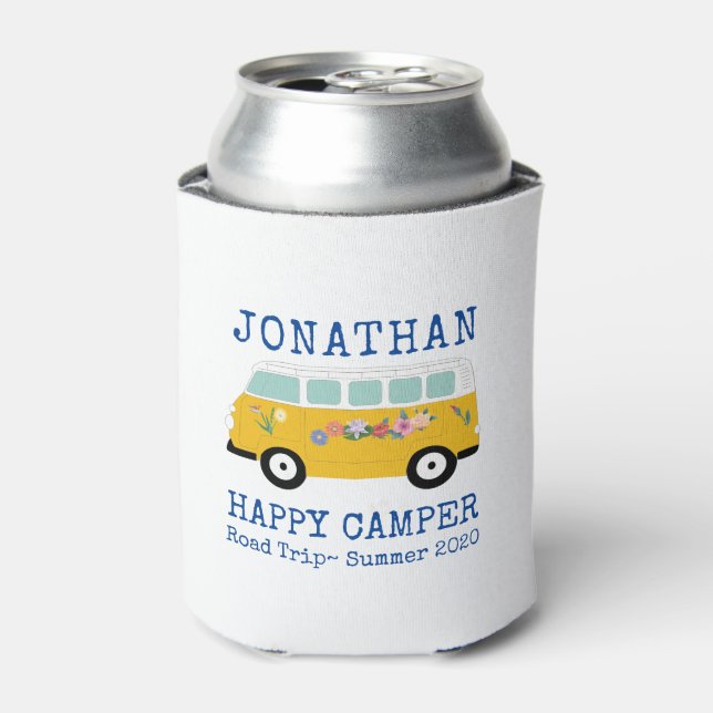 Happy Camper Retro RV Blue Custom Cooler (Can Front)