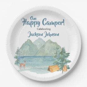 Happy Camper Rustic Mountains Watercolor Birthday Paper Plate