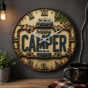 Happy Camper RV Adventure Gift Rustic Cabin Large Clock