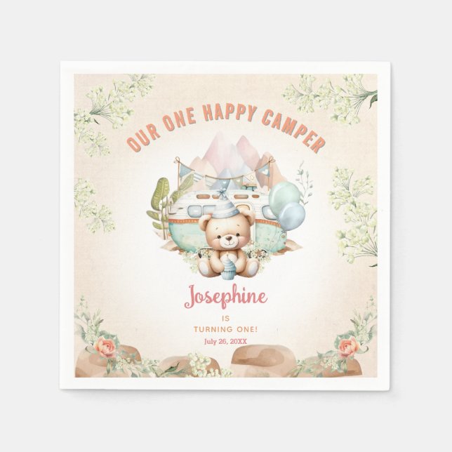 Happy Camper Summer 1st Birthday Girl Paper Napkin (Front)