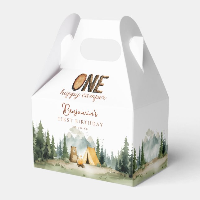 Happy Camper Teddy Bear 1st Birthday Favour Box (Front Side)
