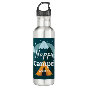 Happy Camper Tent and Mountains Personalised 710 Ml Water Bottle