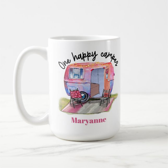 Happy Camper Vintage Pink Camper Coffee Mug (Left)