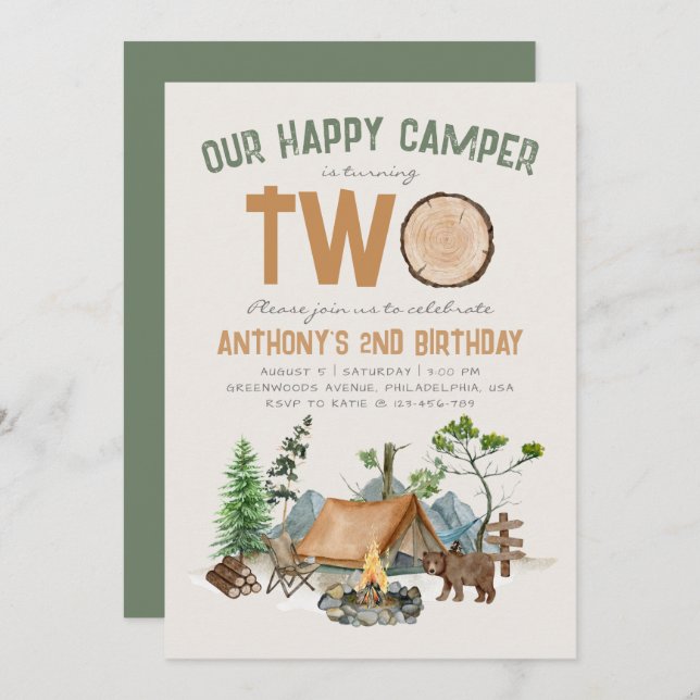 Happy Camper Watercolor Woodland 2nd Birthday Invitation (Front/Back)