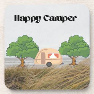Happy Camper with Camper and Trees on a  Coaster