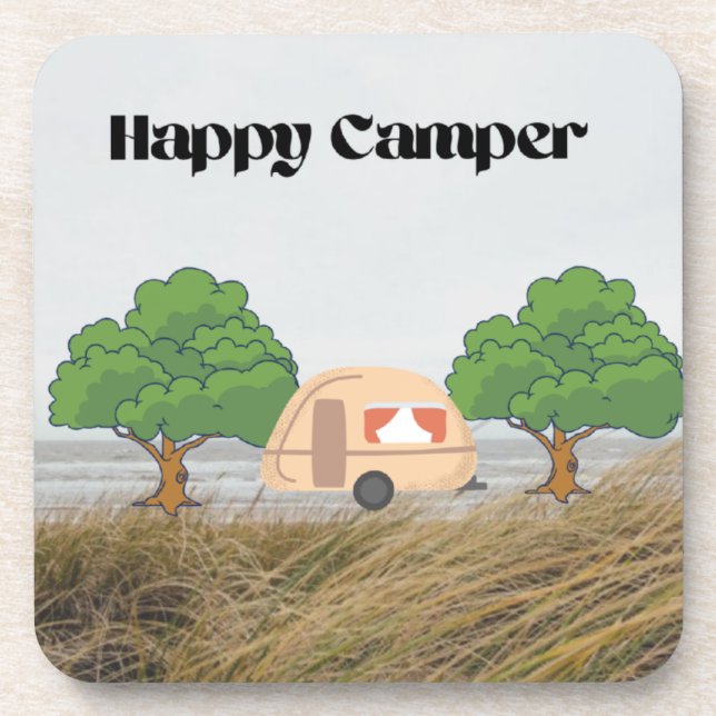 Happy Camper with Camper and Trees on a  Coaster (Front)