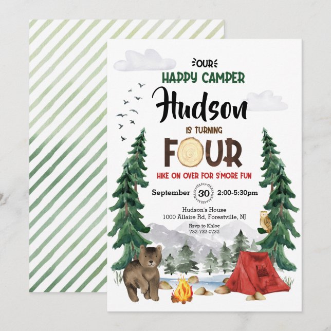 Happy Camper Woodland Fourth Birthday Invitation (Front/Back)