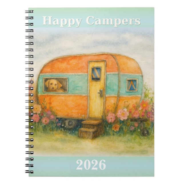 Happy Campers 2025 Spiral Notebook — Retro Caravan (Front)