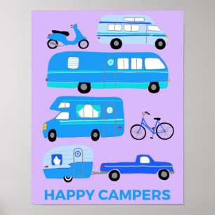 HAPPY CAMPERS! Campervan Vanlife RV Trailer Pink Poster