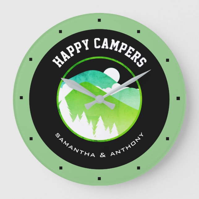 Happy Campers Couples Names Green Black Camping Large Clock (Front)