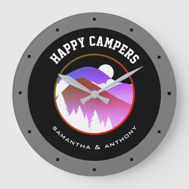 Happy Campers Family Names Grey Black Camping  Large Clock (Front)