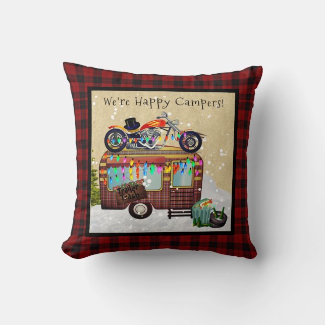 HAPPY CAMPERS - Funny Trailer Trash Buffalo Plaid Cushion (Front)